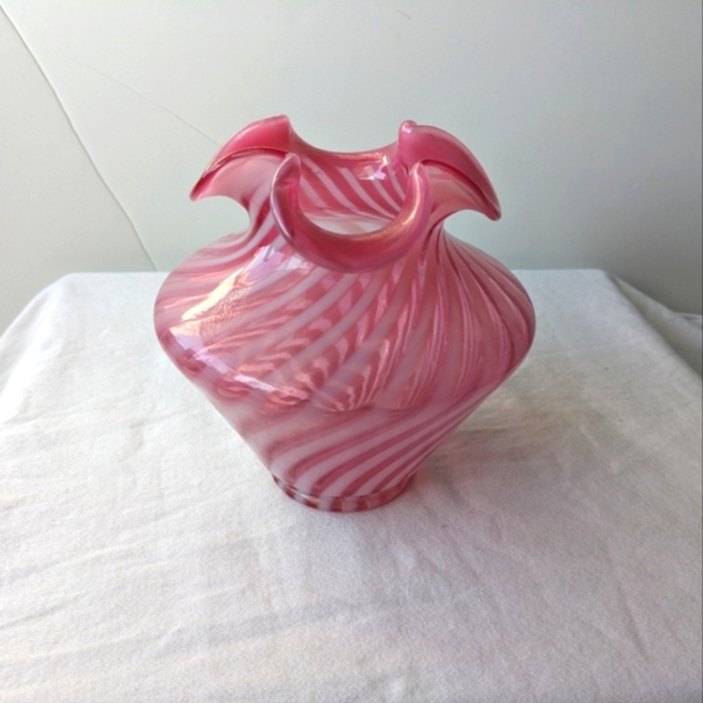 Vintage Cranberry Pink White Candy Cane Handblown Glass Vase Ripple Lip